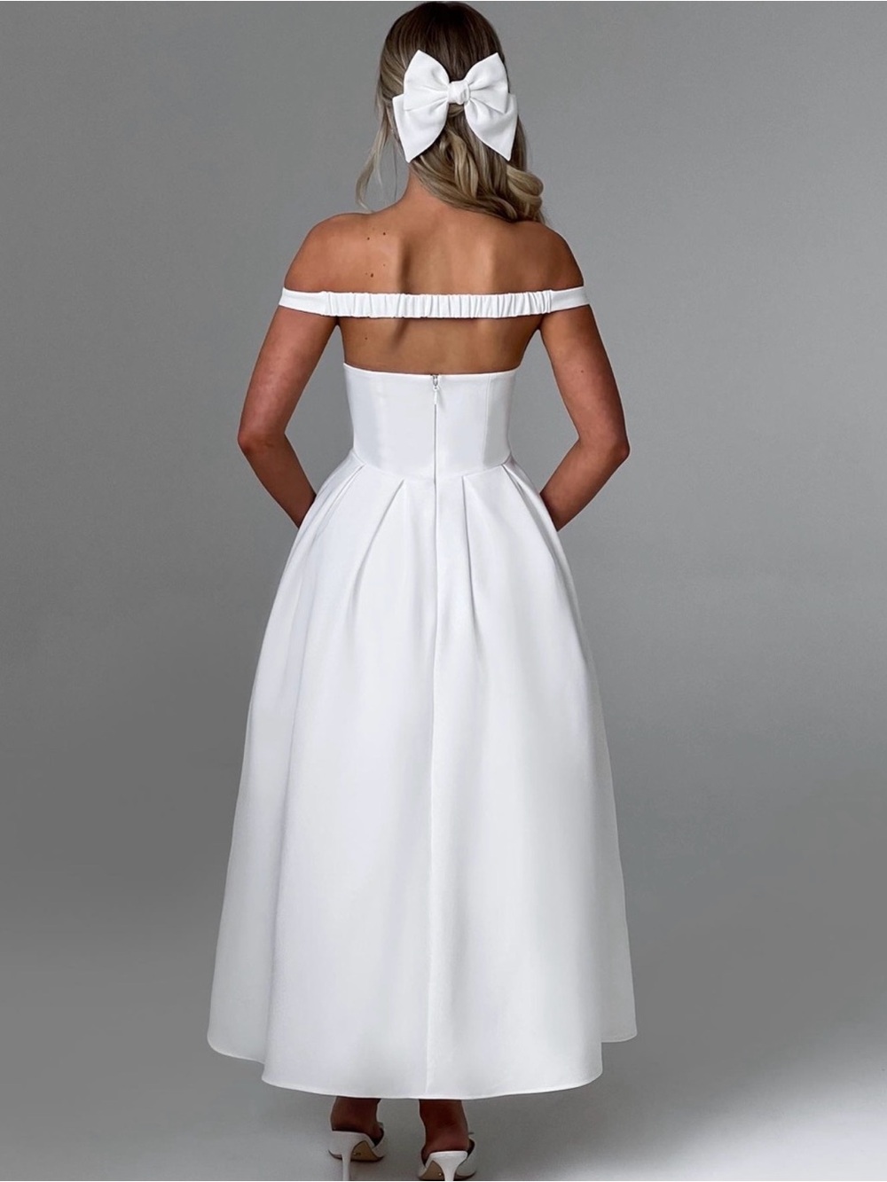 Never worn with tags BABYBOO Elegant Off-Shoulder White A-Line Midi Dress - Picture 3 of 3